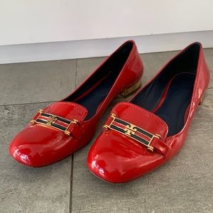COPY - Tory Burch red patent loafers with gold heels, size 10